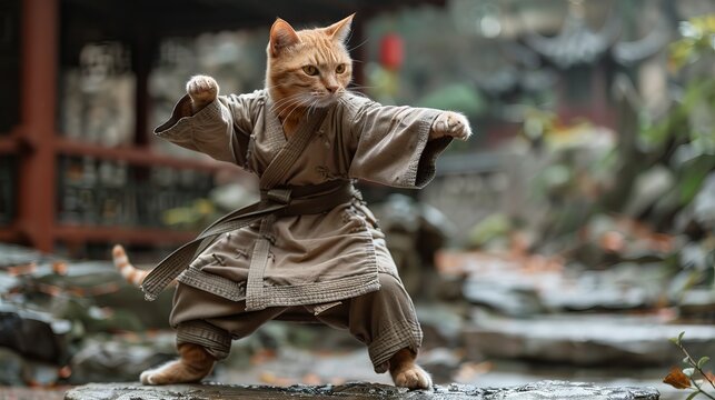 funny karate cat, the animal practices martial arts. Concept: humorous poster, invitation to sports clubs