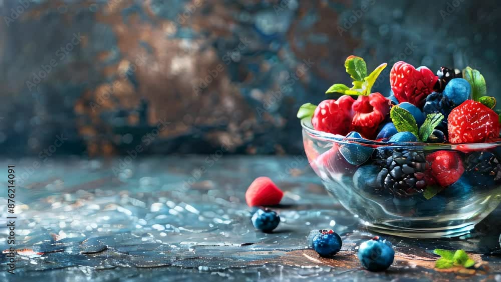 Wall mural fresh assorted berries in glass bowl with mint leaves