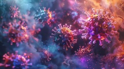 A vibrant, microscopic view of a virus particle in a colorful environment, showcasing the complex structure and vivid details.