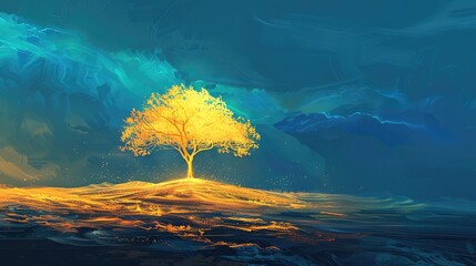 Fototapeta premium Vibrant digital artwork of a glowing tree on a hill with a colorful sky. Perfect for fantasy, nature, and inspirational themes.