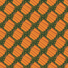 Floral ornament with orange pumpkin and seeds. Seamless pattern. Farming. Angular shapes. Vector