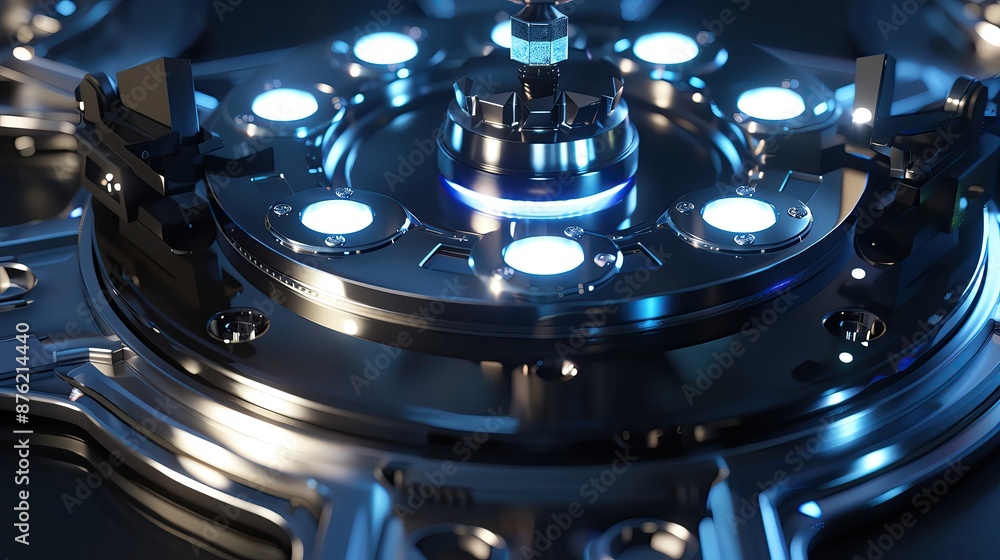 Poster close-up view of a futuristic, illuminated mechanical device with intricate details and glowing ligh
