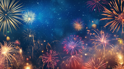 Fototapeta premium Fireworks lighting up the night sky with copy space