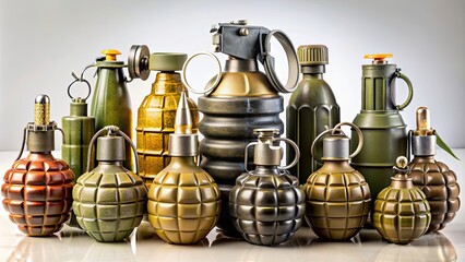 Close-up images of various types of explosive devices on a plain background, explosives, bombs, detonators, terrorism
