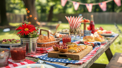 A picnic table set with Labor Day themed decorations and food with copy space
