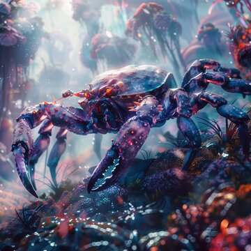 Exploring the Enigmatic Alien Terrain - Futuristic Robotic Crab Encounter in a Sci-fi Extraterrestrial World with Digital Painting in Cool Tones