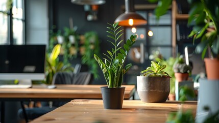 Indoor plants on a wooden table in a home office