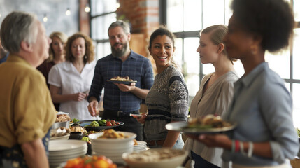 A group of coworkers having a Labor Day potluck lunch with copy space