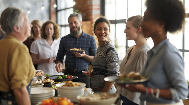 A group of coworkers having a Labor Day potluck lunch with copy space