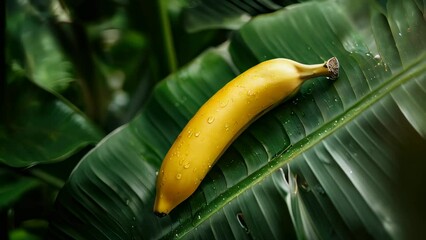 Ripe banana with water droplets on green leaves - Powered by Adobe