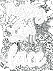 Gym Quotes Flower Coloring Page Beautiful black and white illustration for adult coloring book