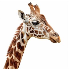 Close-up portrait of a giraffe isolated on a white background