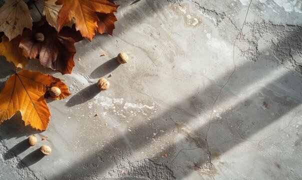 Top view of a smooth light grey stone countertop, frame of autumn leaves and nuts