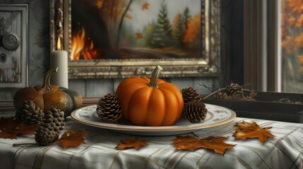 A Cozy Autumn Still Life With Pumpkins and Pinecones