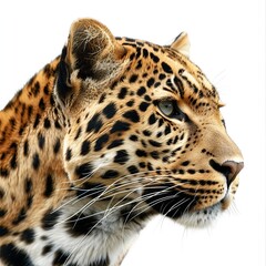 Obraz premium Portrait of a majestic leopard with piercing green eyes and a captivating gaze, isolated on a white background, showcasing its beauty and intensity.