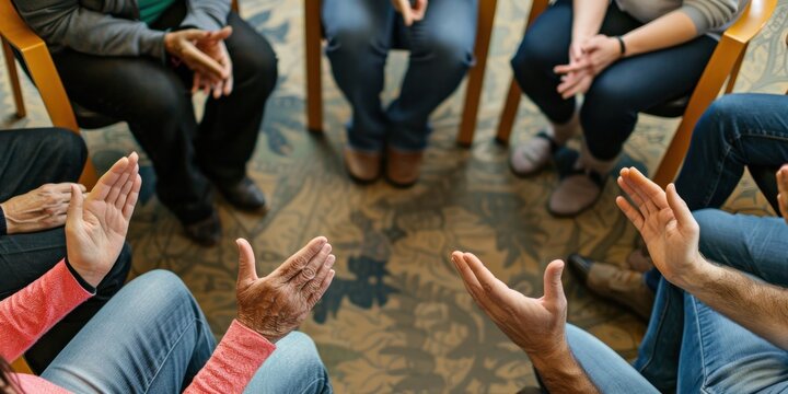 Support with group, therapy, and mental health with hands and help, people talking about problems and crises. Psychology, healthcare and trust, respect and community in counseling for trauma. Close-up