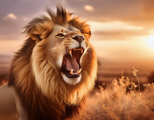 Lion Roaring in Savanna Landscape: Dramatic Wildlife Scene