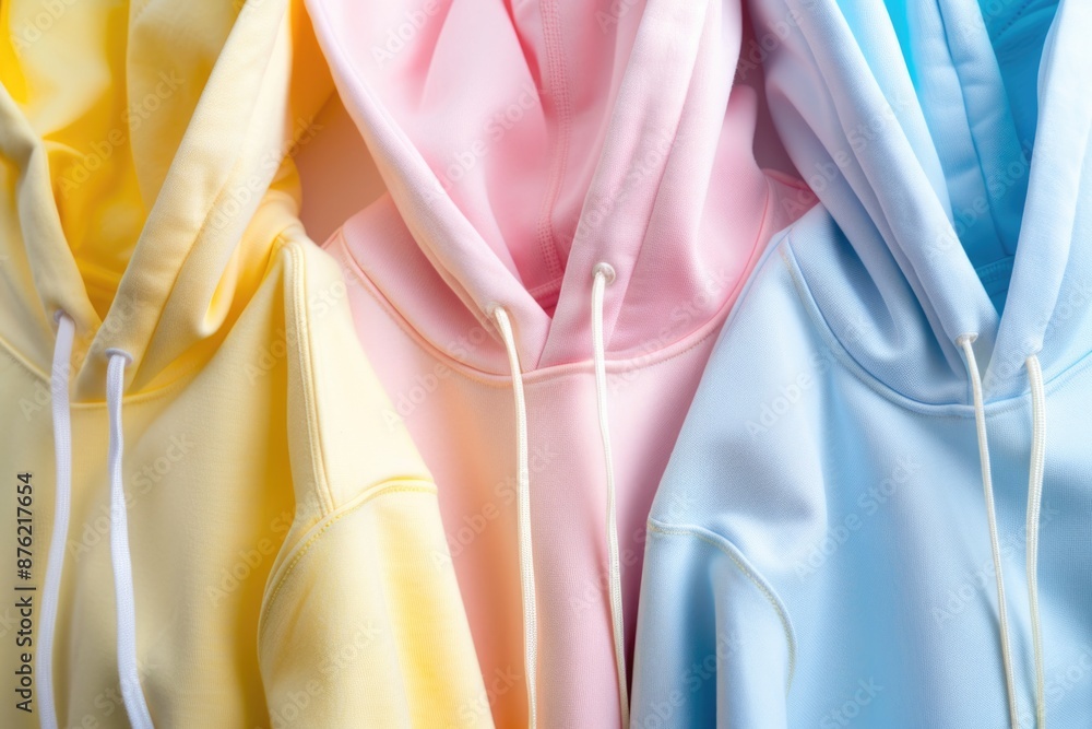 Sticker 3 pastel colored hoodies, one is yellow, another is pink and the other is blue