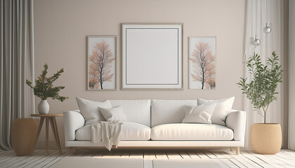 Mockup poster frame on the wall, a white sofa in Scandinavian Livingroom.
