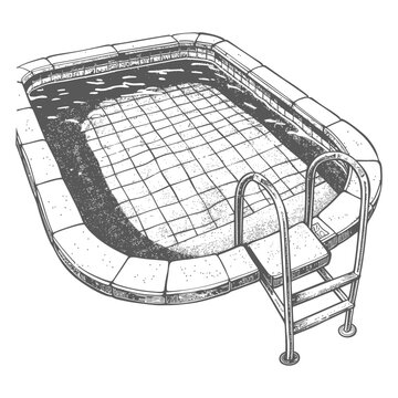 recommend clip art: Detailed black and white line drawing of an empty rectangular swimming pool with a diving board and ladder.