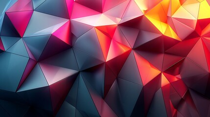 Fototapeta premium An abstract background with vibrant triangular prisms, transitioning from red to orange to pink, creating a sense of depth and dimension.