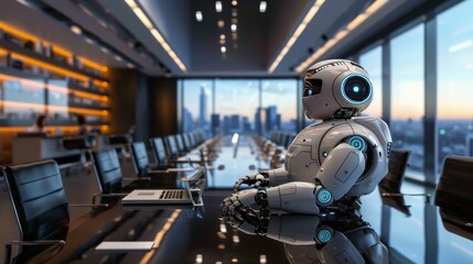 a boardroom meeting where a robot is giving a presentation to executives, symbolizing AI taking over high-level corporate jobs