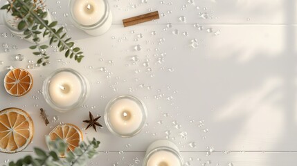 Fototapeta premium Scented Candles and Citrus Slices on a White Tabletop