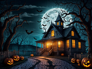 Halloween concept background of realistic horror house and creepy street with moonlight