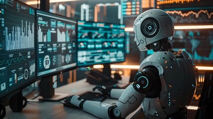 a financial analyst's desk with a robot managing multiple computer screens and analyzing data