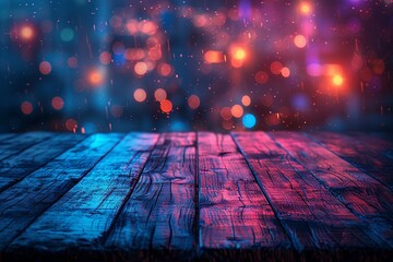 Wooden table with a blurred background of bokeh lights in blue and red colors