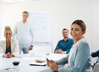 Portrait, leader and happy business woman in office for coworking, job and solidarity. Planning, finance analyst and smile of professional person, employee and confident worker in meeting with team