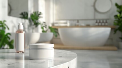 Fototapeta premium Luxurious Cosmetic Cream and Serum Mockup in Bright Bathroom Setting