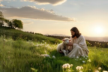 The Shepherd and His Lamb at Sunset