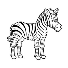 Black and white cartoon-style drawing of a zebra with distinctive stripes, standing on all four legs and facing slightly to the right, Vector 2d illustration.