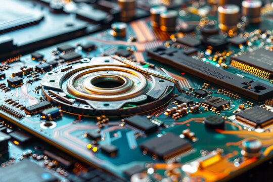 Close-up of a circuit board with electronic components and a large capacitor.