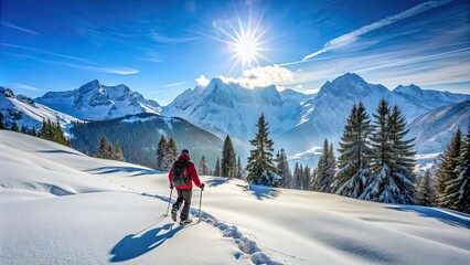 Snowshoeing in the Alps during winter , winter, adventure, snowy mountains, outdoor, hiking, exploration, cold