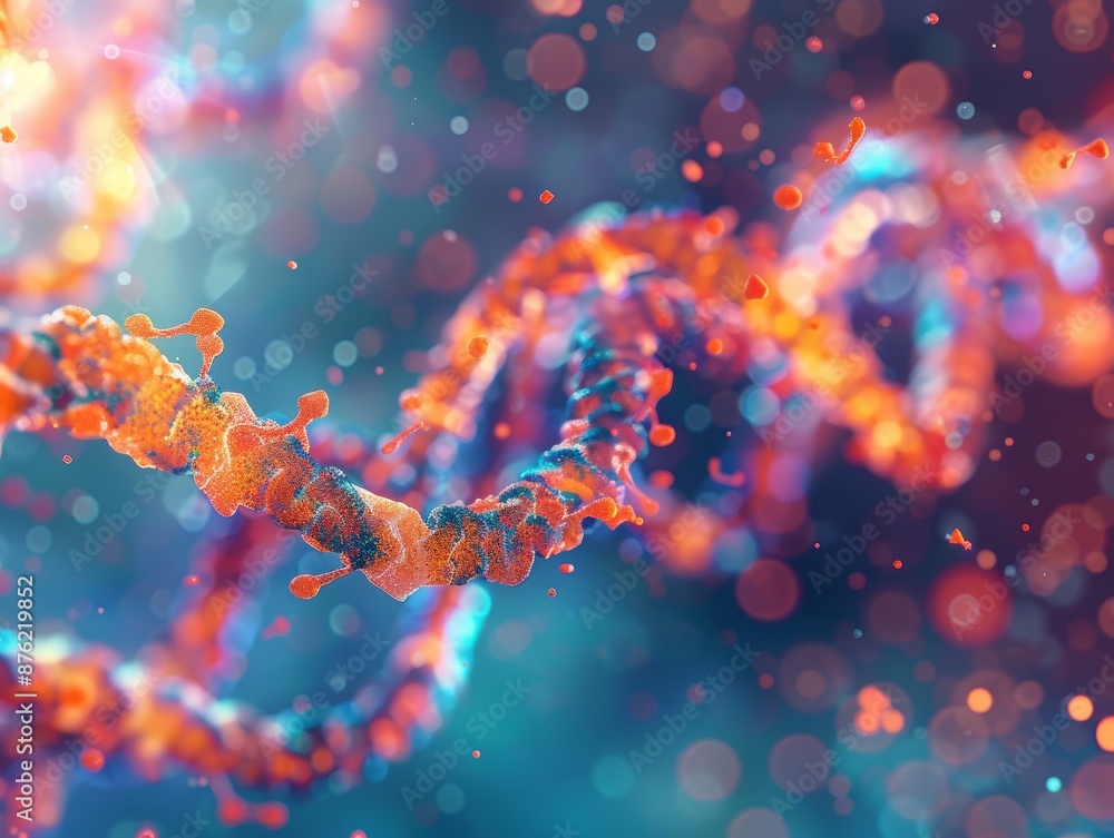 Wall mural abstract dna strand with glowing particles and bokeh background