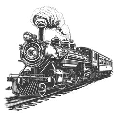 Detailed illustration of a vintage steam locomotive with passenger cars