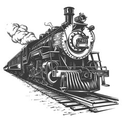 Vintage engraving of a steam locomotive train with smoke and tracks