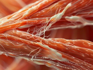 Abstract Macro Close Up Of Intertwined Orange And White Fibers, Similar To Muscle Tissue