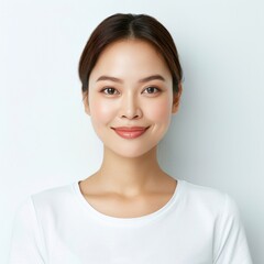 showing her clear and bright skin, and healthy, perfect skin, isolated on a white background for skincare commercial product advertising, in a high-resolution photographic style