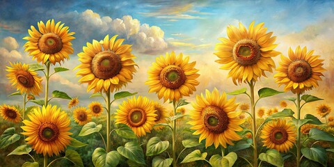 Obraz premium Vintage oil painted sunflowers isolated on background, vintage, oil painting, sunflowers, isolated,background, retro, classic