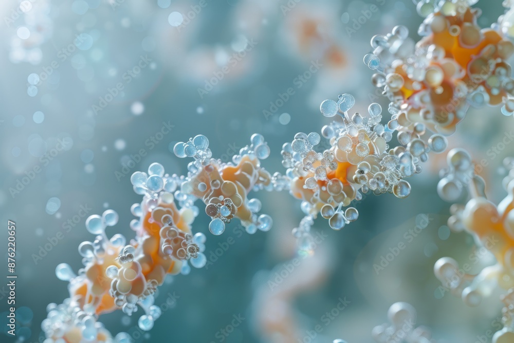 Wall mural abstract microbiological structure with iridescent bubbles and glowing color