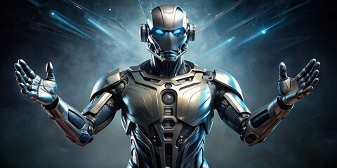 Naklejka premium Futuristic cyborg in metallic armored exoskeleton gesturing with outstretched arms, cyborg, futuristic