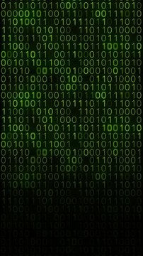 Bright glowing green neon tech motion background with binary code numbers. Vertical looped video animation