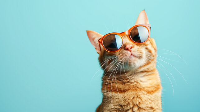 Closeup portrait of funny ginger cat wearing sunglasses isolated on light cyan. Copyspace