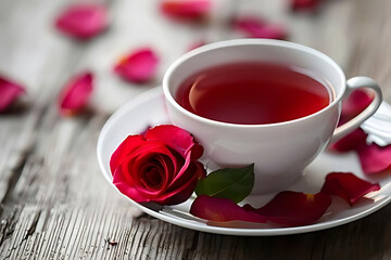 A white cup of herbal tea accompanied by a red rose and scattered rose petals on a rustic wooden table.