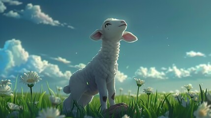   Sheep on green grass with daisies, blue sky with clouds