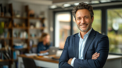 Fototapeta premium Confident mature businessman smiling with arms crossed in modern office 