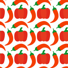 Red paprika and Chili Pepper seamless pattern. Food background. Kitchen wallpaper. Vector flat illustration.